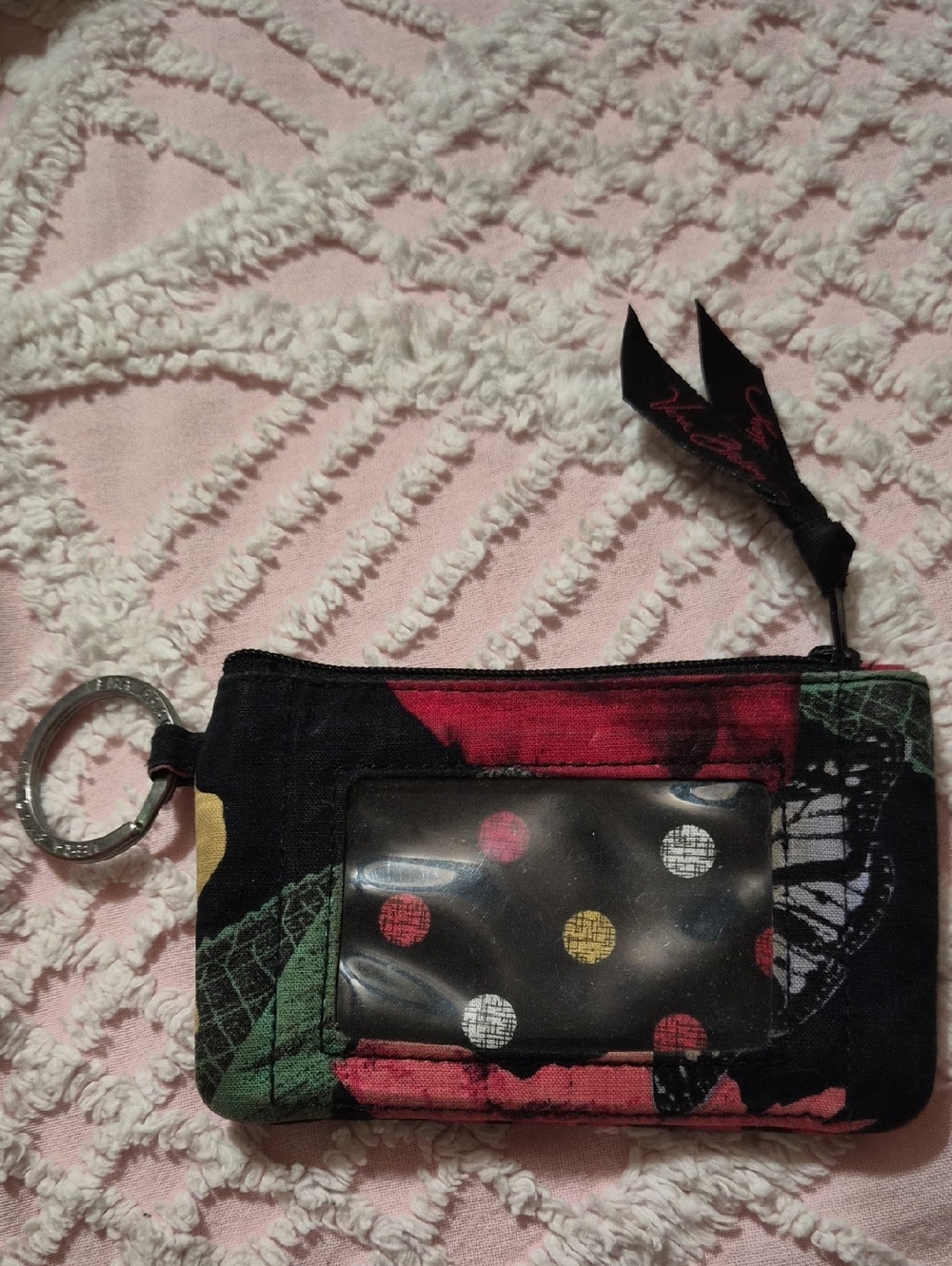 Vera Bradley Black And Floral With Ribbon Zipper Pull with Pink Script